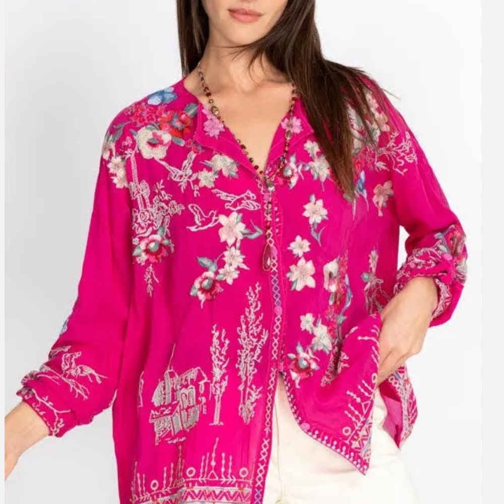 Johnny Was Elias Oversized Boho Embroidered Blouse in Rose Pink 🩷